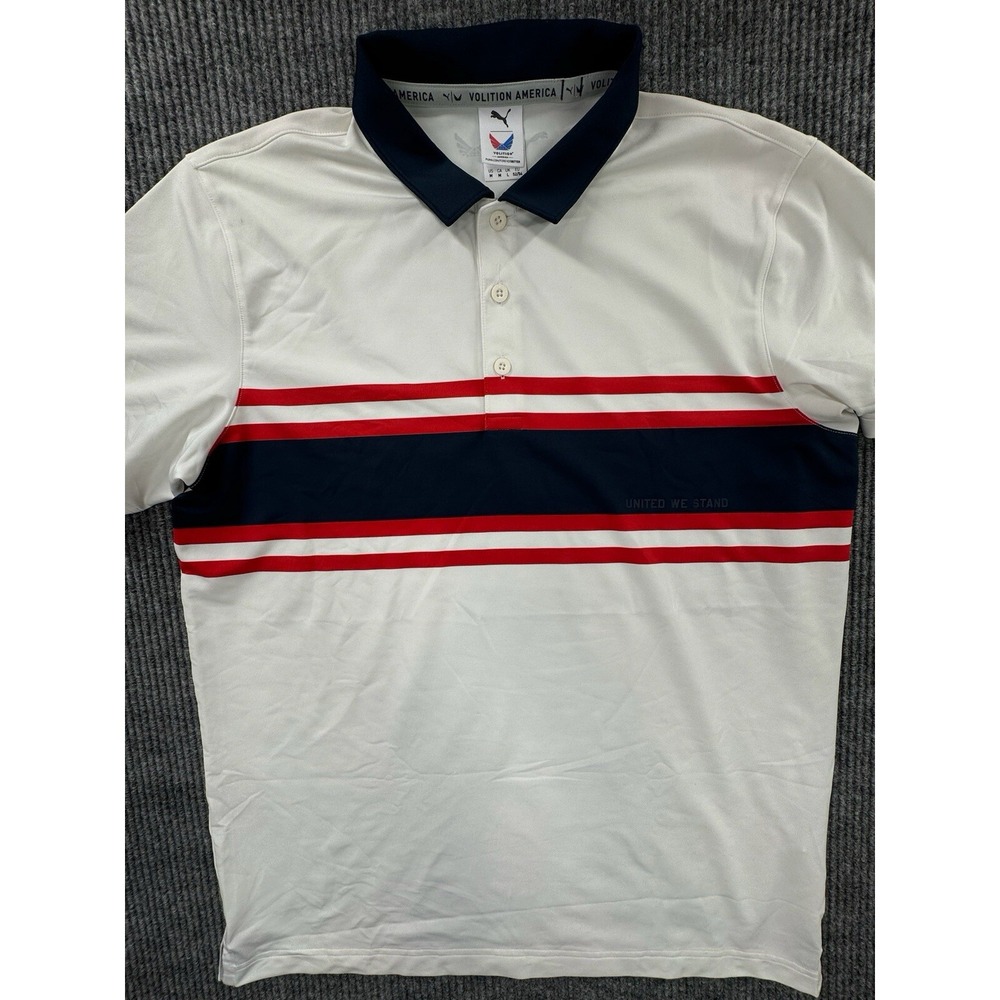 Puma Polo Mens Medium White Striped United We Stand Volition American Shirt